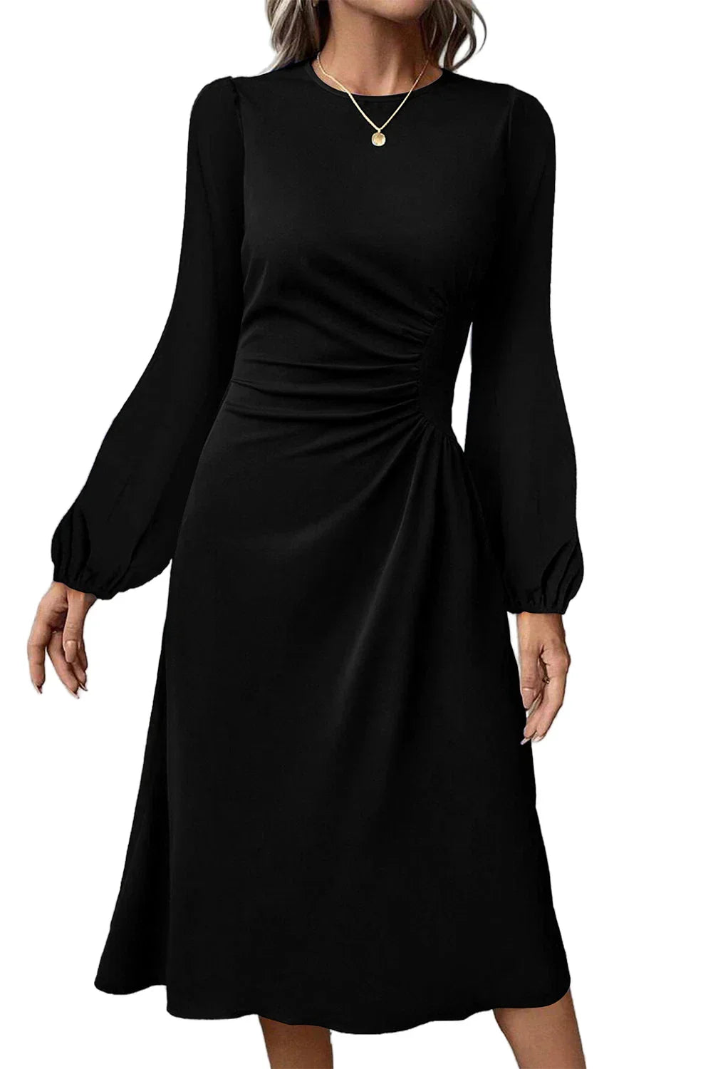 Robe midi noire à manches bouffantes et unies