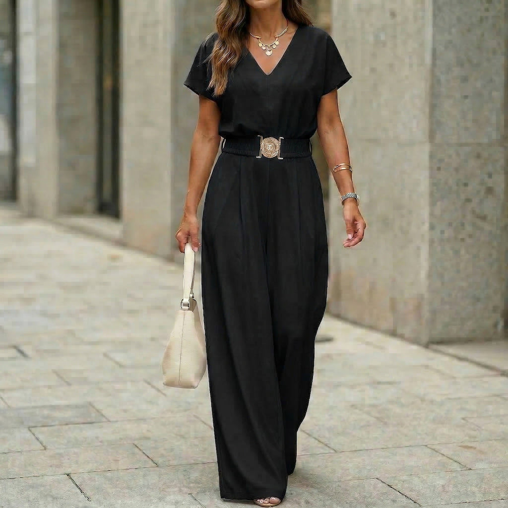 Combinaison pantalon femme à col en V, ceinture et jambes larges