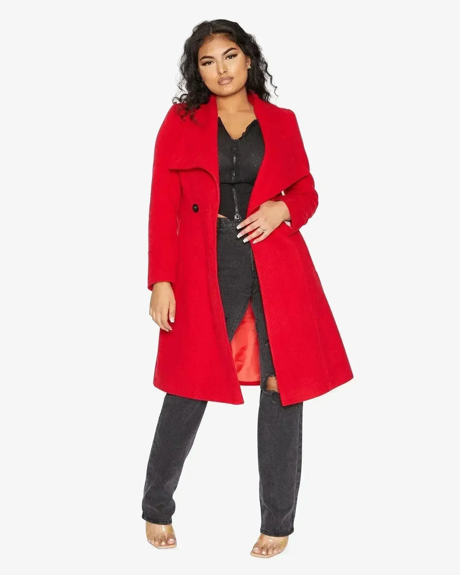 Manteau long à double boutonnage et revers cascade