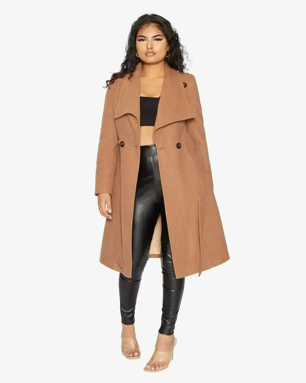 Manteau long à double boutonnage et revers cascade