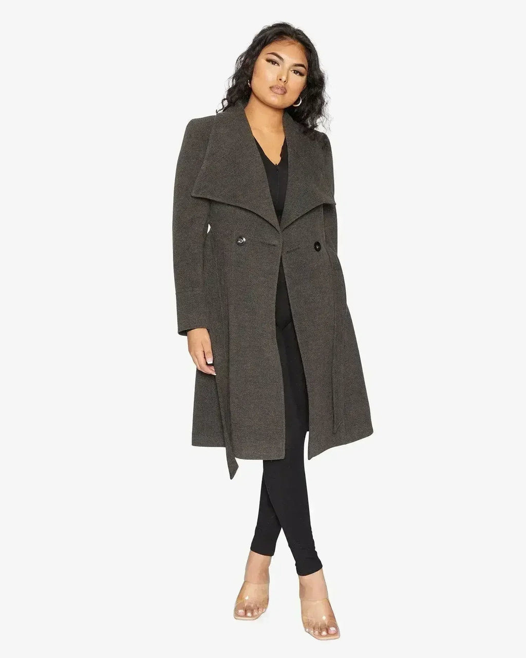 Manteau long à double boutonnage et revers cascade