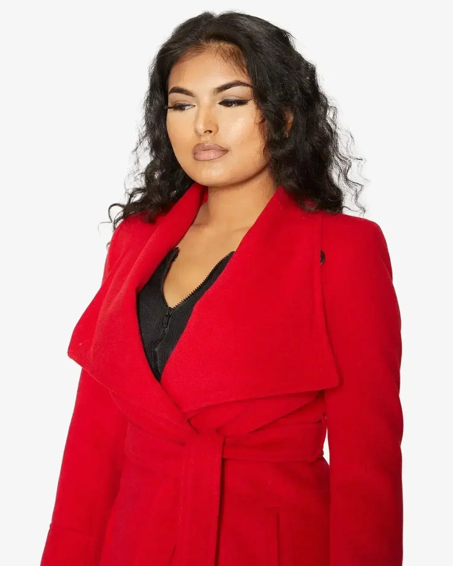 Manteau long à double boutonnage et revers cascade
