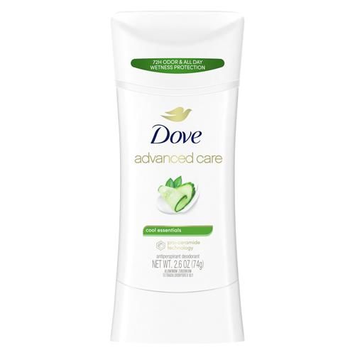 Bâton déodorant anti-transpirant Dove Advanced Care Cool Essentials qui aide à réparer la barrière cutanée après le rasage, avec une protection de 72 heures contre la sueur et les odeurs, 74 g