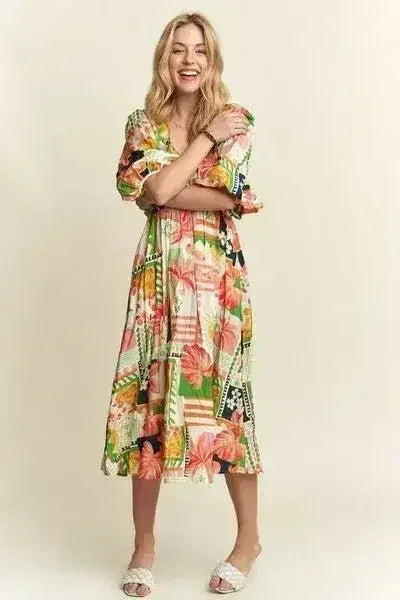 Robe mi-longue d'été florale à col en V et manches bouffantes – femstylo