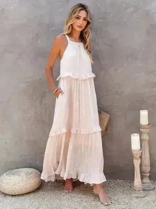Robe longue étagée sans manches à volants avec poches
