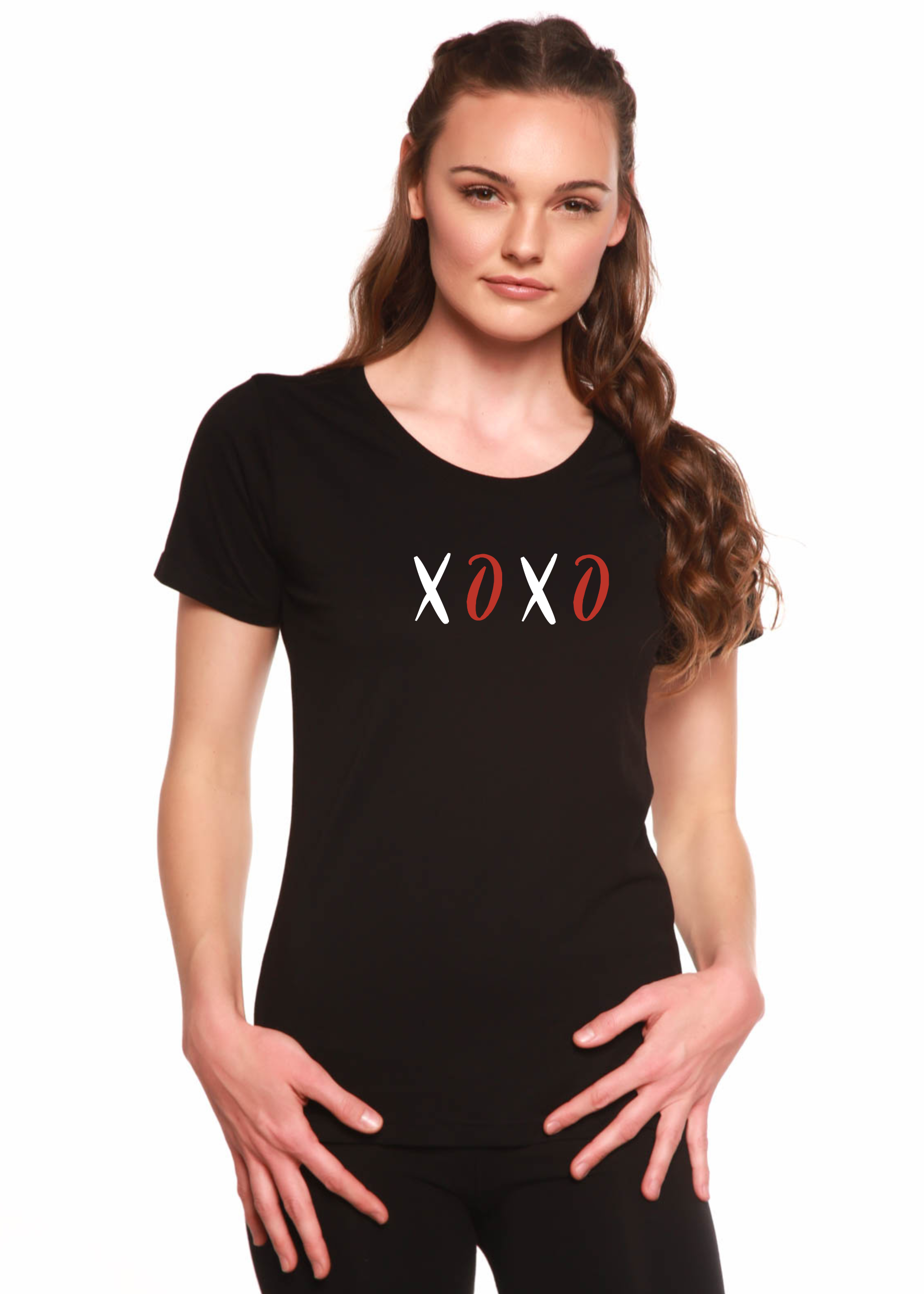 T-shirt à manches en bambou et col rond imprimé XOXO pour femme