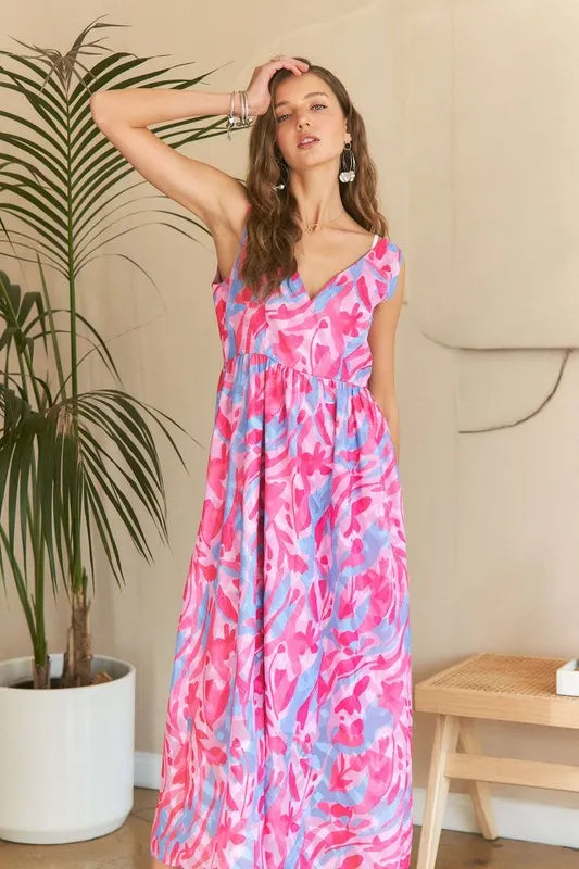 Nouvelle Robe Longue Fleurie Abstraite Col V d'Été – Imprimé Artistique, Silhouette Flatteuse, Glamour Sophistiqué