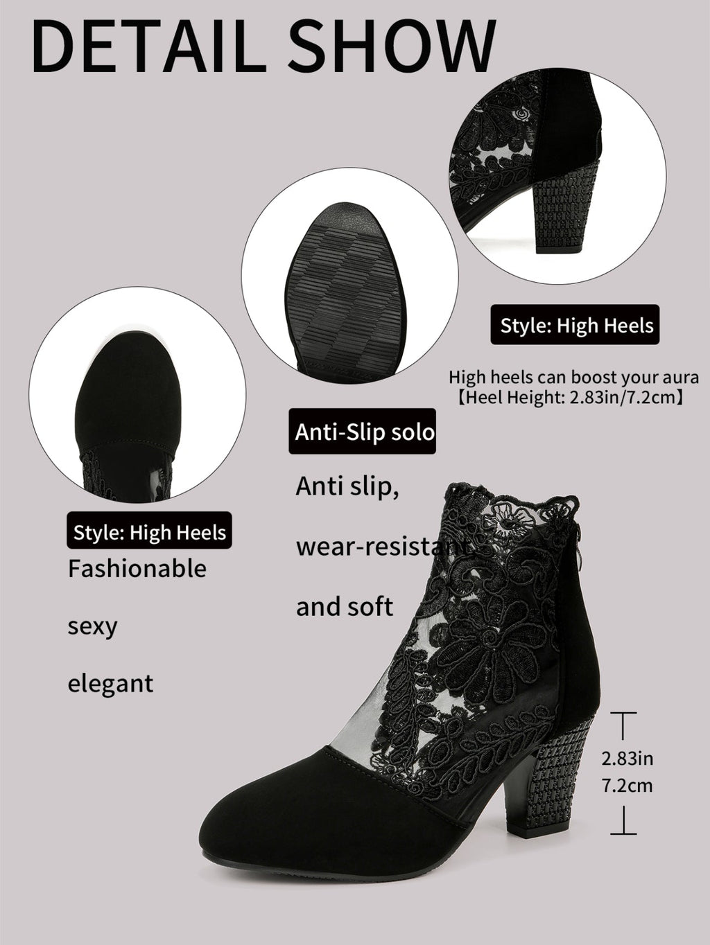 Bottines à talon épais en maille brodée de dentelle | Noir et blanc EU 35–43