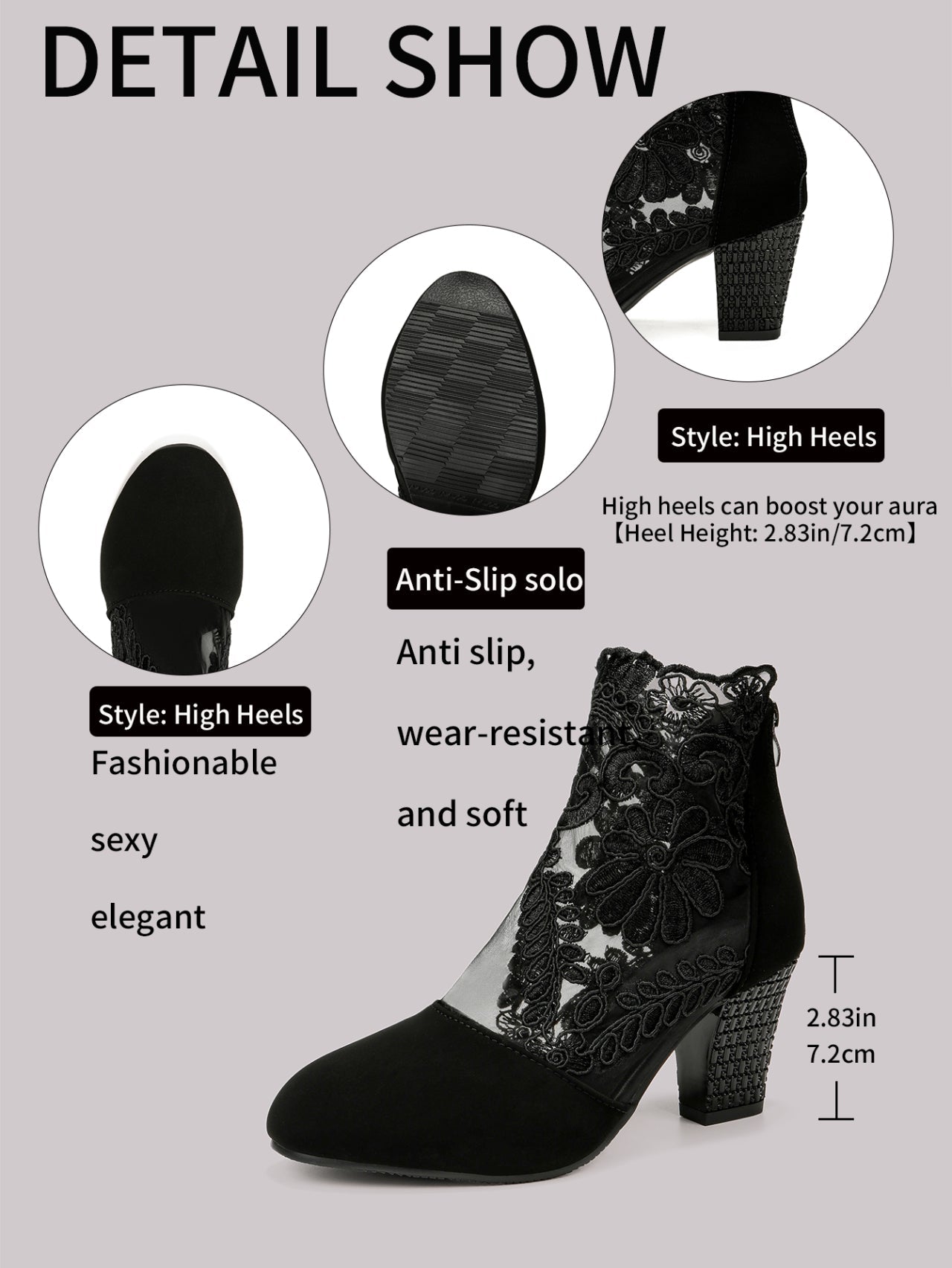 Bottines à talon épais en maille brodée de dentelle | Noir et blanc EU 35–43