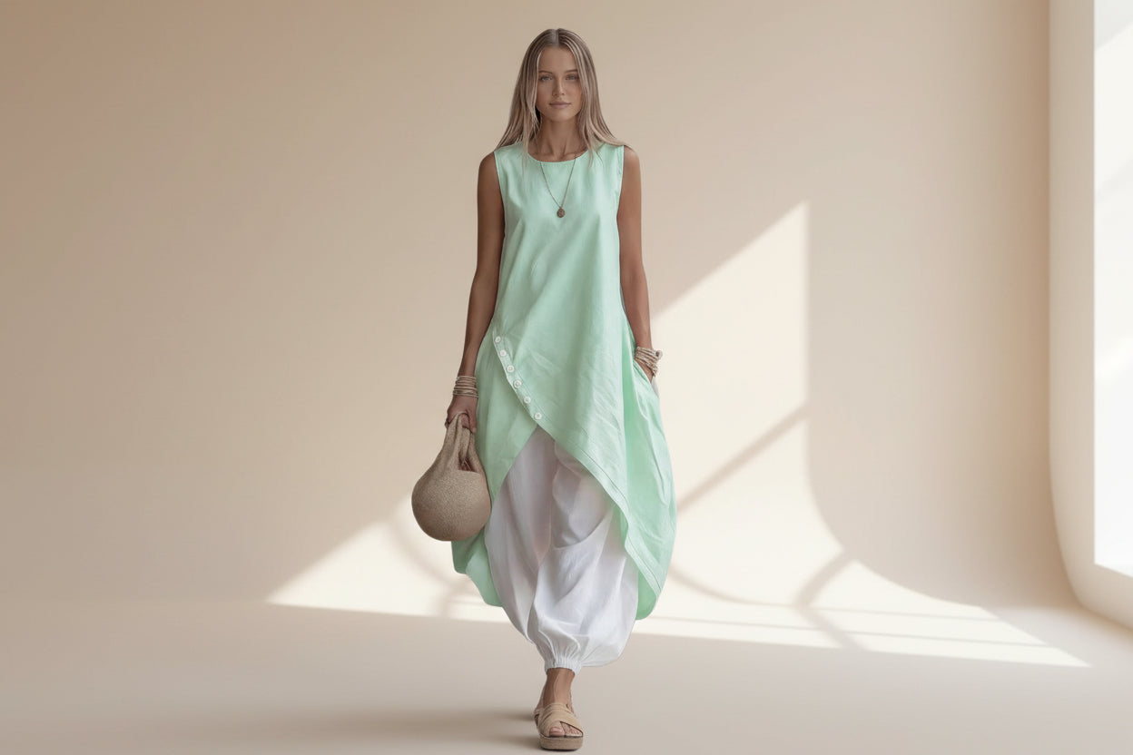 Robe sans manches unie coupe ample avec poches plaquées