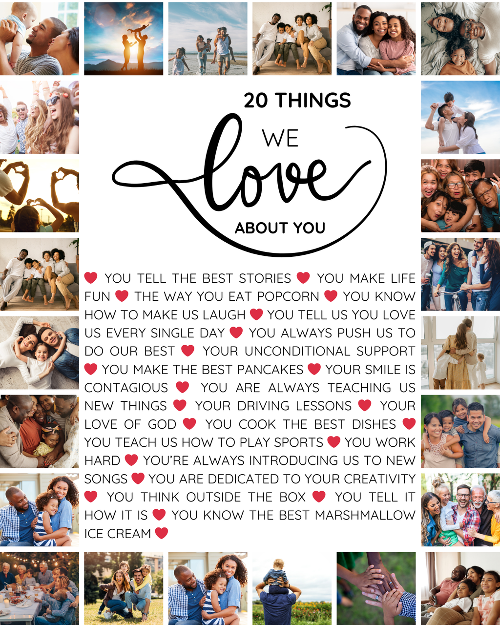 20 choses que nous aimons chez toi – Modèle d'art mural Canva pour 20e anniversaire