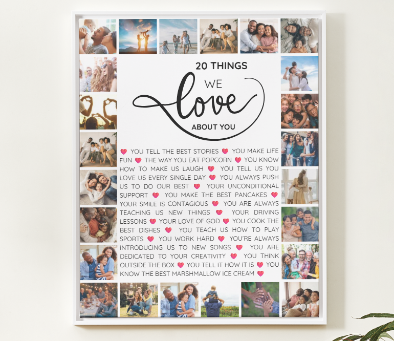20 choses que nous aimons chez toi – Modèle d'art mural Canva pour 20e anniversaire