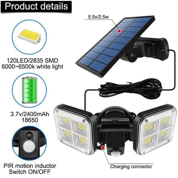 Lampes solaires super lumineuses 20 W 120 LED étanches IP65