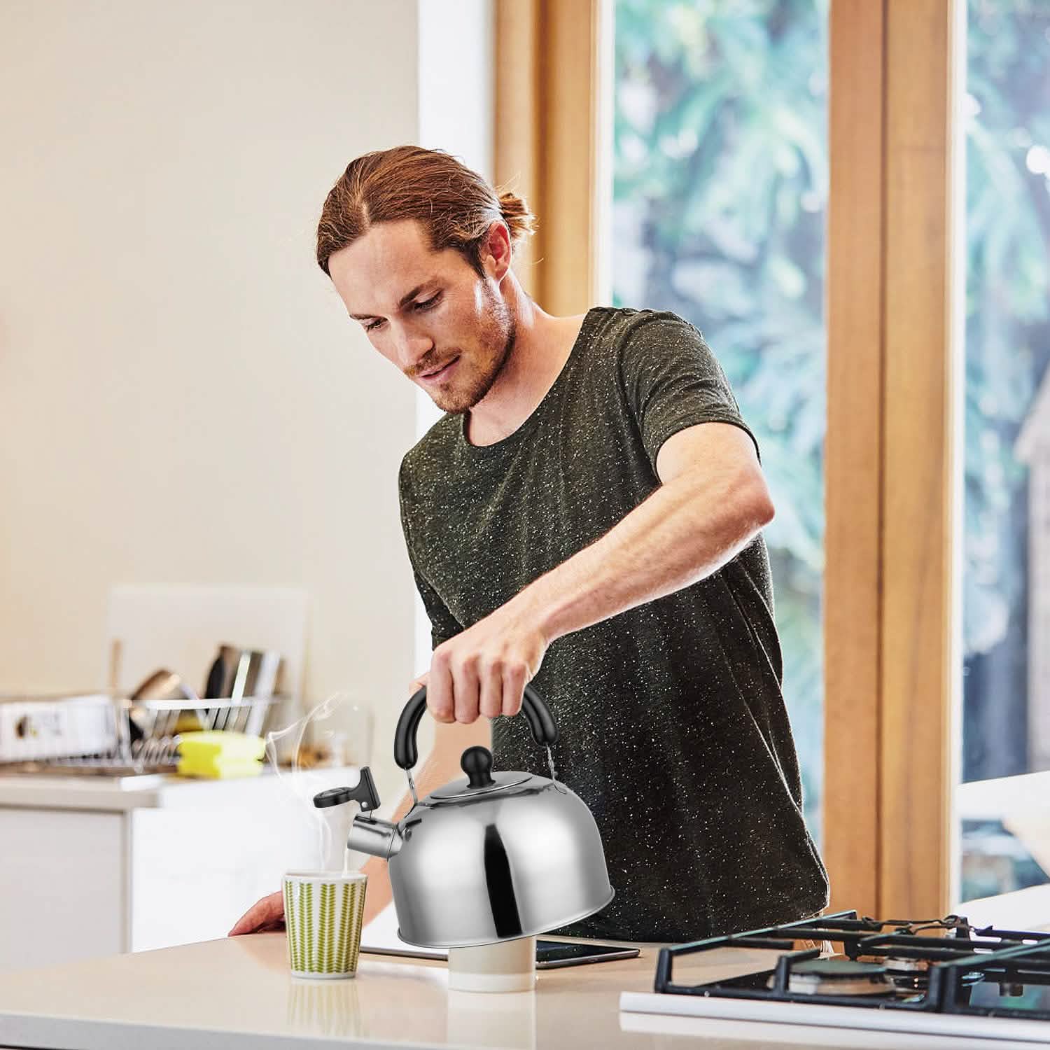 Bouilloire sifflante en acier inoxydable 2,1 litres pour cuisinière à induction ou à gaz