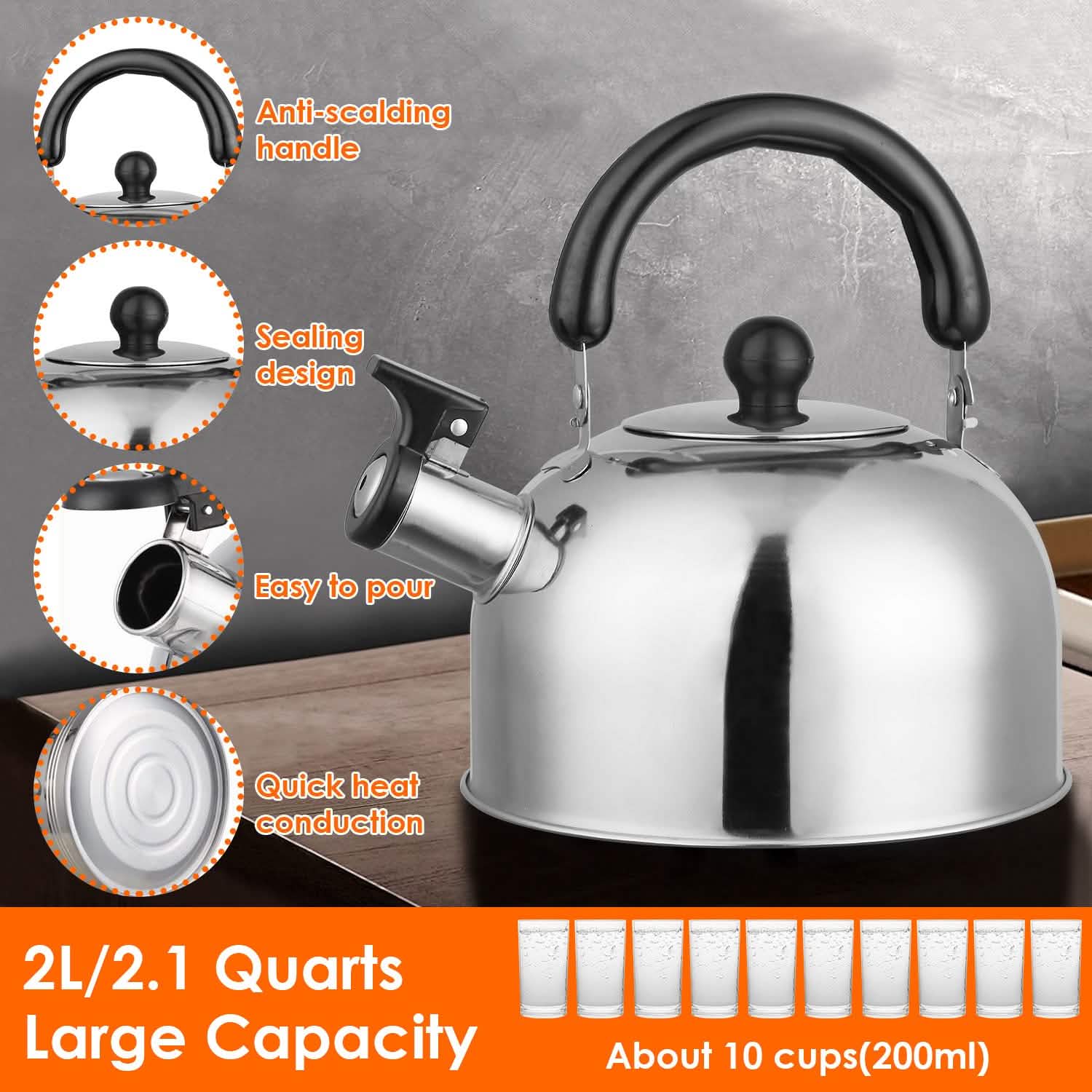 Bouilloire sifflante en acier inoxydable 2,1 litres pour cuisinière à induction ou à gaz