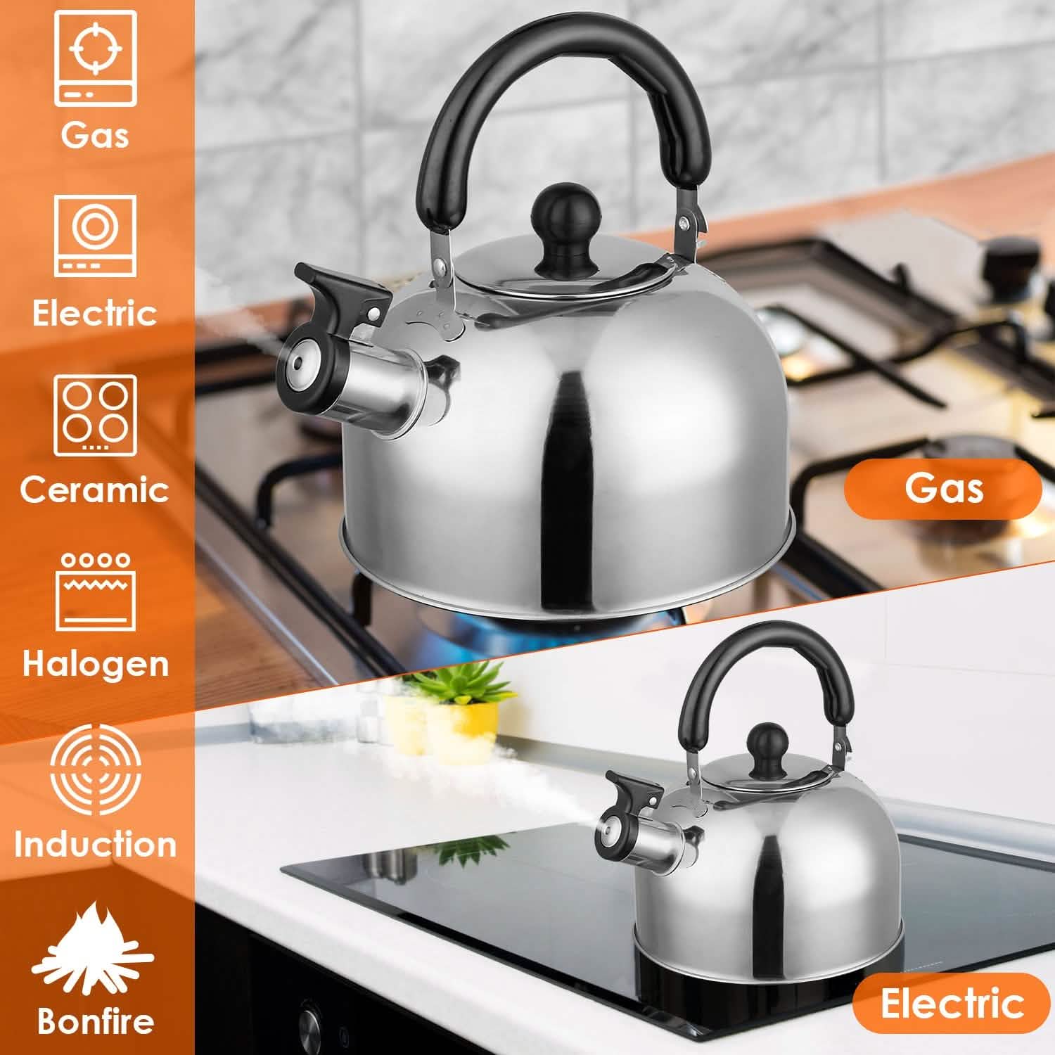Bouilloire sifflante en acier inoxydable 2,1 litres pour cuisinière à induction ou à gaz