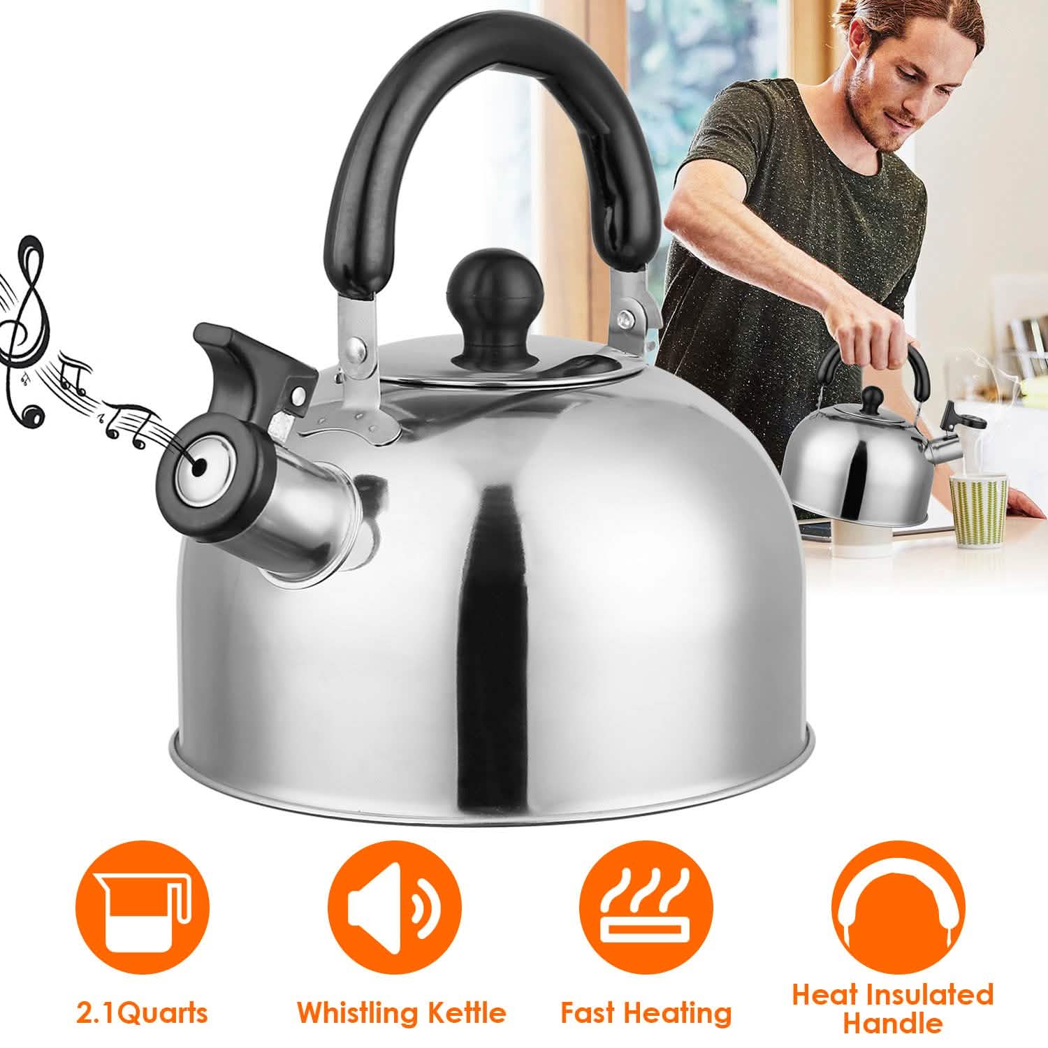 Bouilloire sifflante en acier inoxydable 2,1 litres pour cuisinière à induction ou à gaz