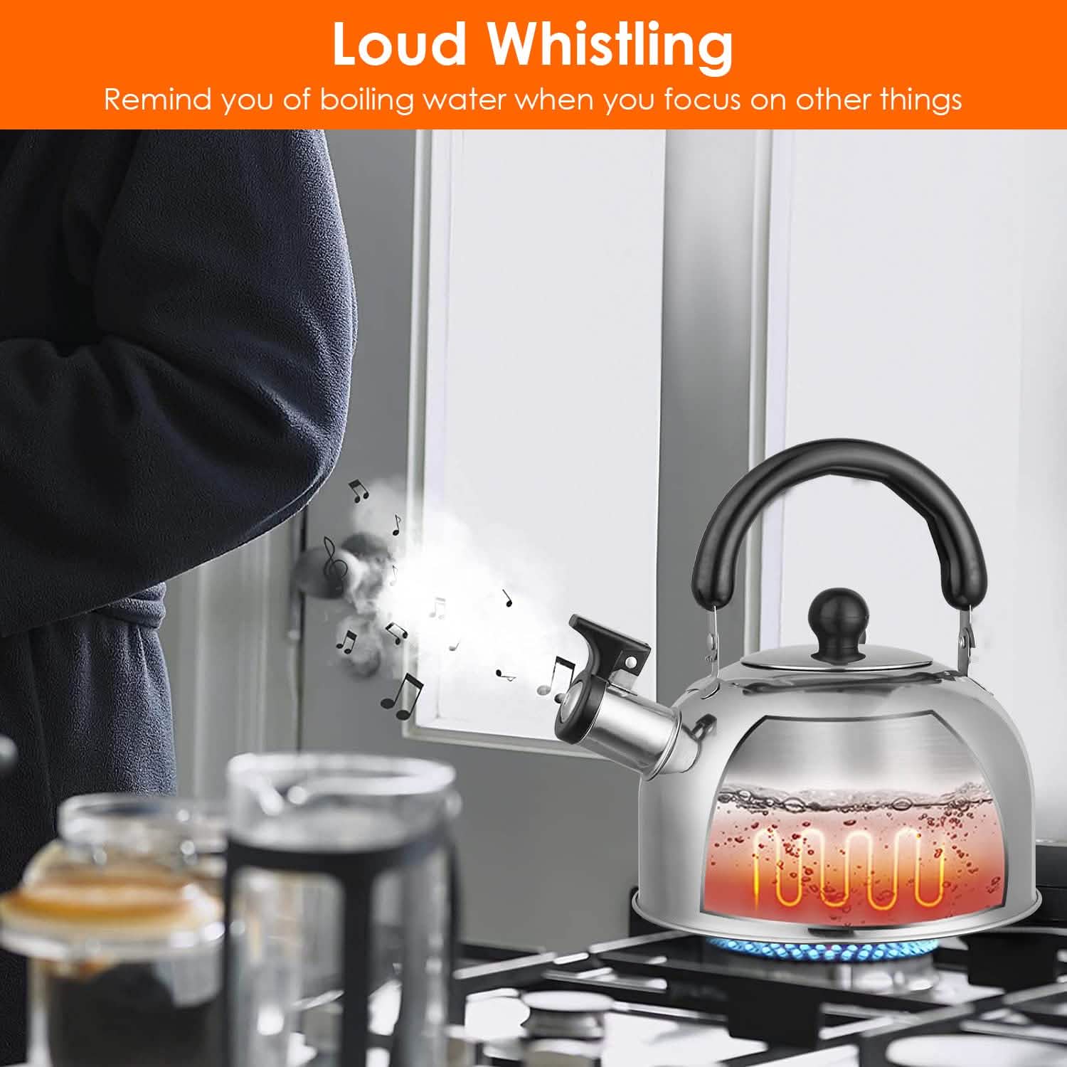 Bouilloire sifflante en acier inoxydable 2,1 litres pour cuisinière à induction ou à gaz