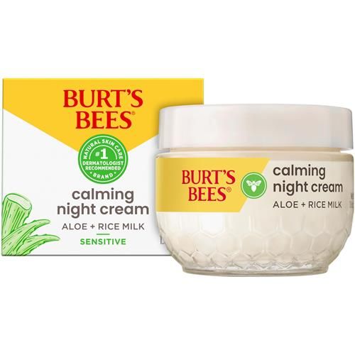 Crème de Nuit Apaisante Burts Bees, à l'Aloès et au Lait de Riz, Hydratant Visage pour Peaux Sensibles qui Apporte de l'Hydratation à la Peau Pendant Votre Sommeil, 98,8 % d'Origine Naturelle, Pot de 51 g.