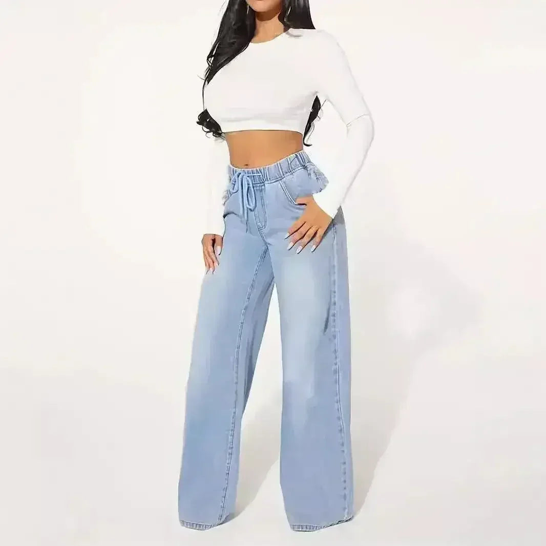 25ème édition – Jean large taille haute à cordon de serrage – Bleu clair