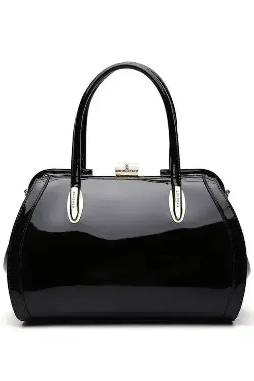 Patent Satchel Handbag - Gold Accent Faux Leather Bag | Femstylo