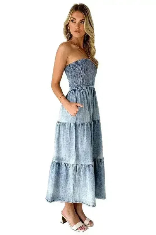 Robe salopette en jean pour femme - Sexy sans manches avec poches latérales