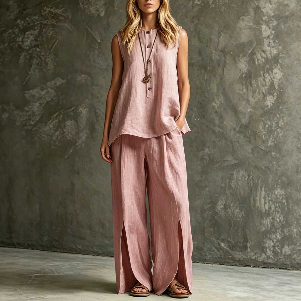 Ensemble deux pièces débardeur sans manches ample et pantalon large fendu pour femme
