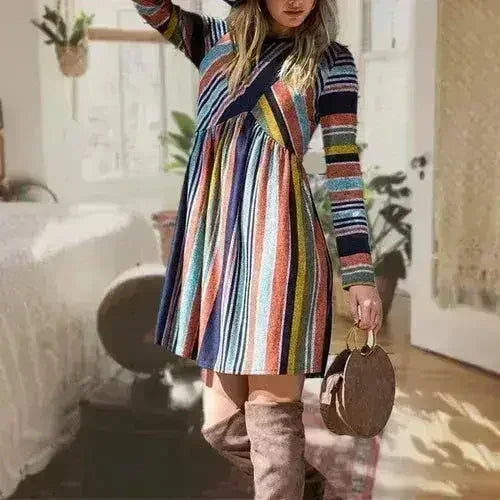 Robe Midi Rayée Color Block - Mélange Polyester-Élasthanne | Femstylo