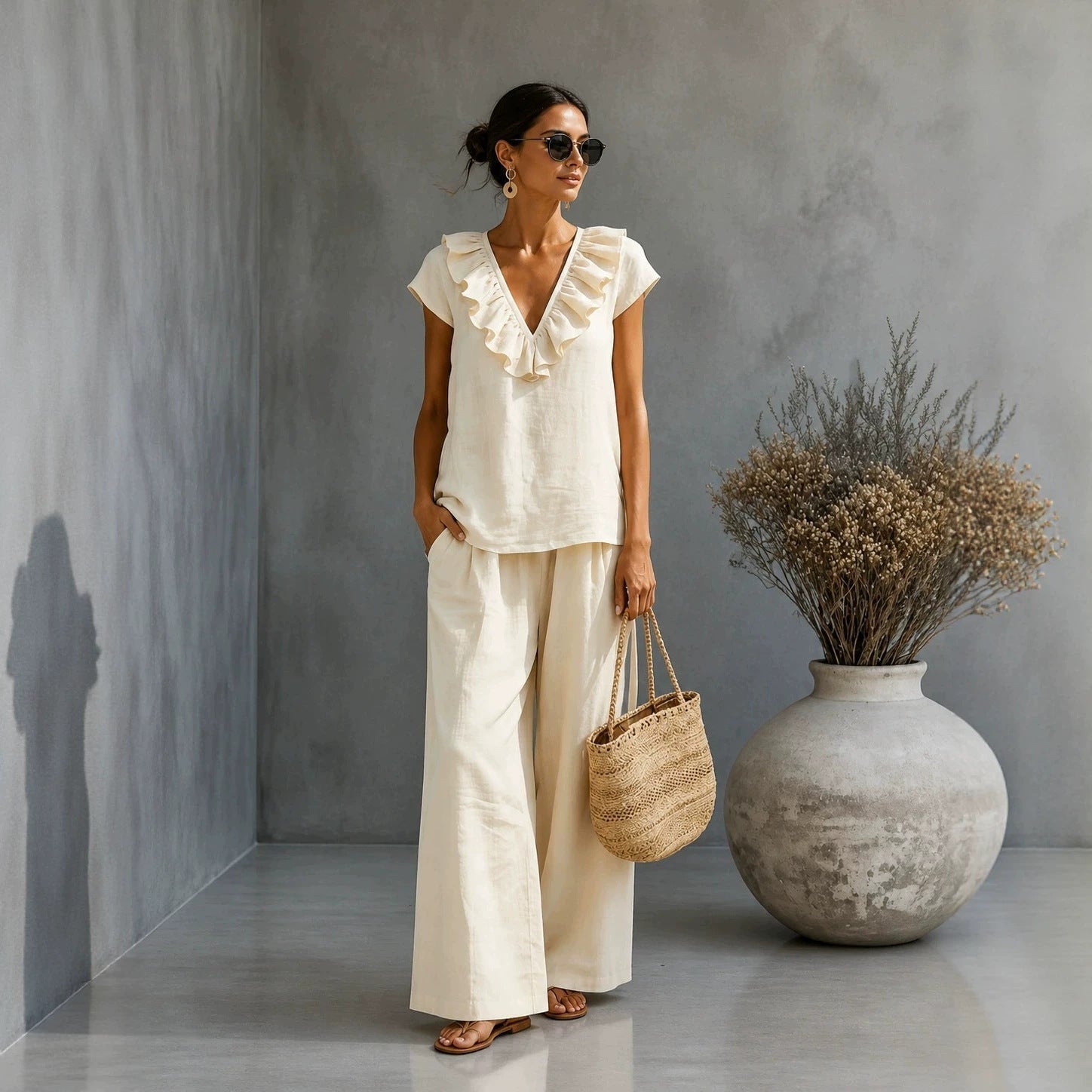 Ensemble deux pièces pour femme : haut à encolure en V et ourlet à volants et pantalon large