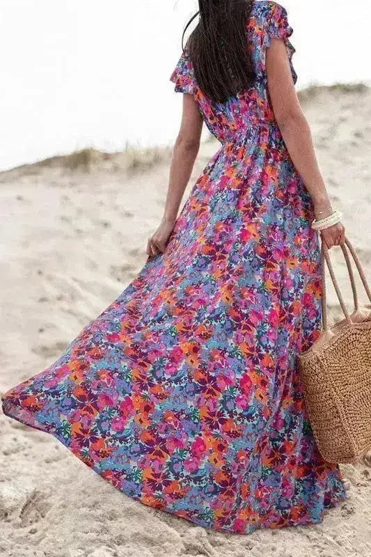 Robe longue cache-cœur col en V à imprimé floral - Robe longue élégante pour femme