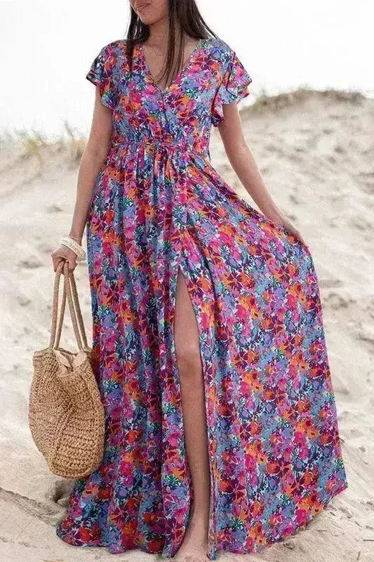 Robe longue cache-cœur col en V à imprimé floral - Robe longue élégante pour femme