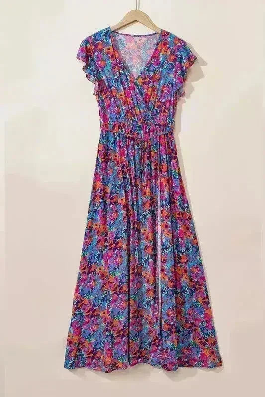 Robe longue cache-cœur col en V à imprimé floral - Robe longue élégante pour femme