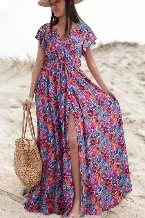 Robe longue cache-cœur col en V à imprimé floral - Robe longue élégante pour femme