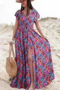 Robe longue cache-cœur col en V à imprimé floral - Robe longue élégante pour femme