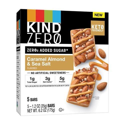 Kind Zero Sucre Ajouté Barres, Caramel Amande & Sel Marin, Collation Keto, Sans Gluten, 5G Protéines, 5 Unités