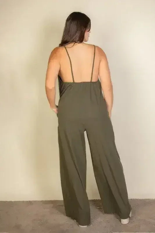 Combinaison pantalon large unie à fines bretelles grande taille