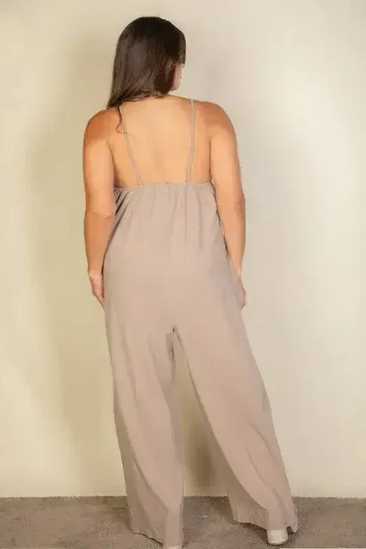 Combinaison pantalon large unie à fines bretelles grande taille