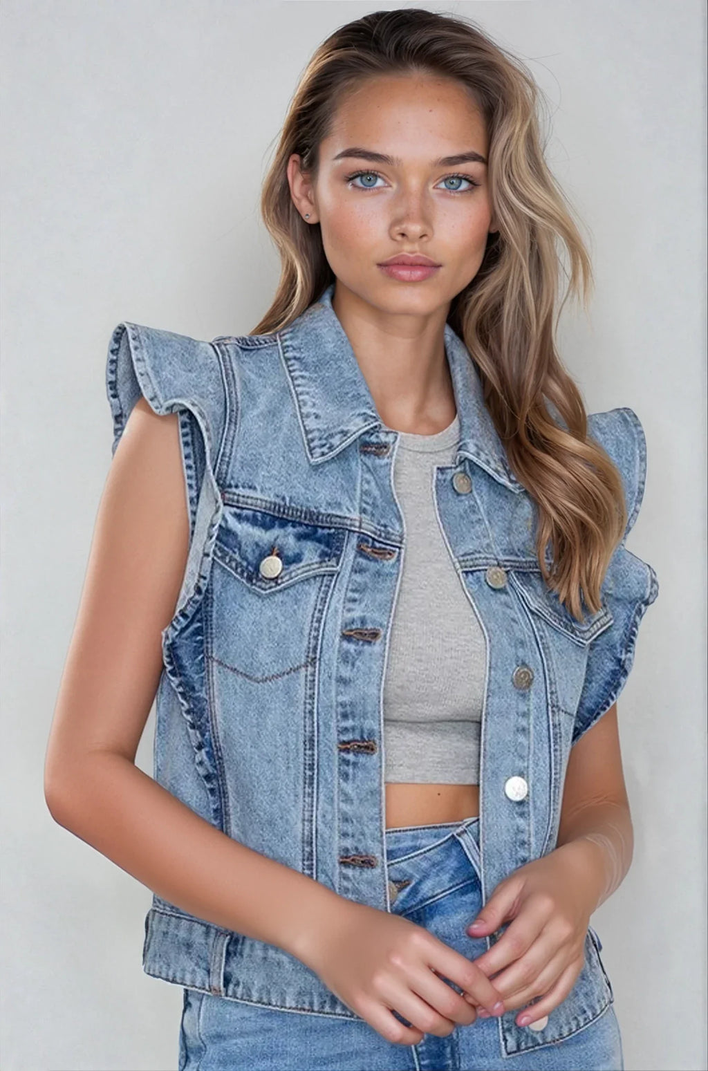 Gilet Veste en Jean Victorien à Volants – Pièce Maîtresse Sans Manches – Jean Clair