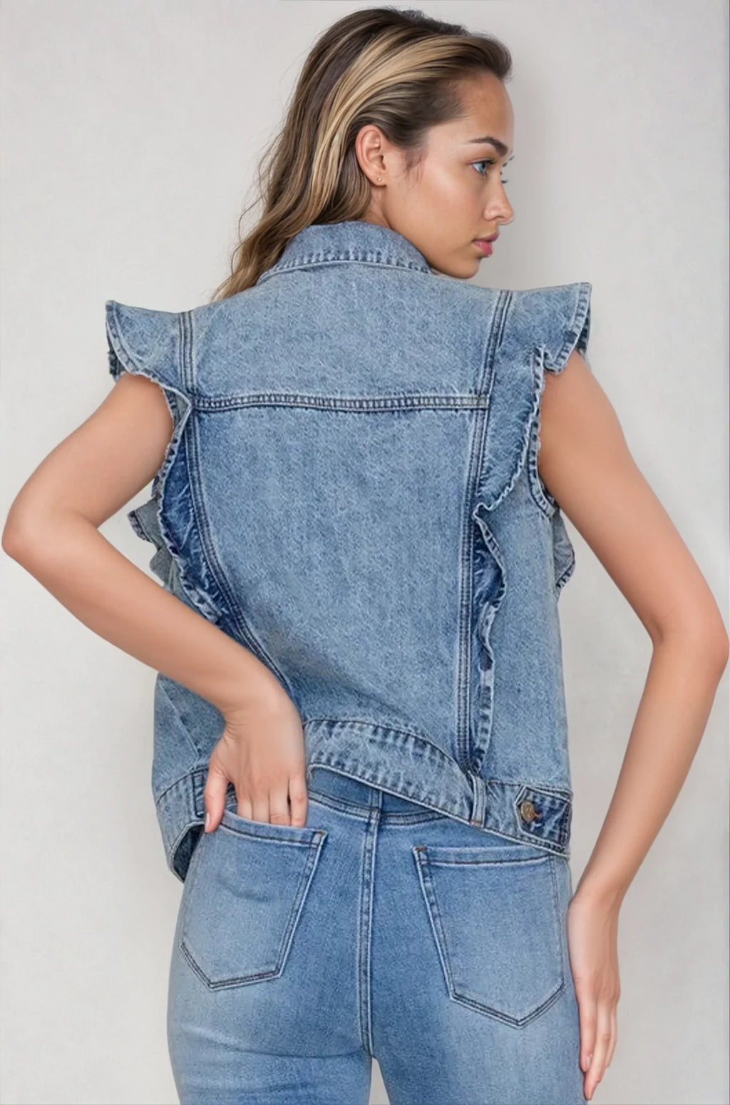 Gilet Veste en Jean Victorien à Volants – Pièce Maîtresse Sans Manches – Jean Clair