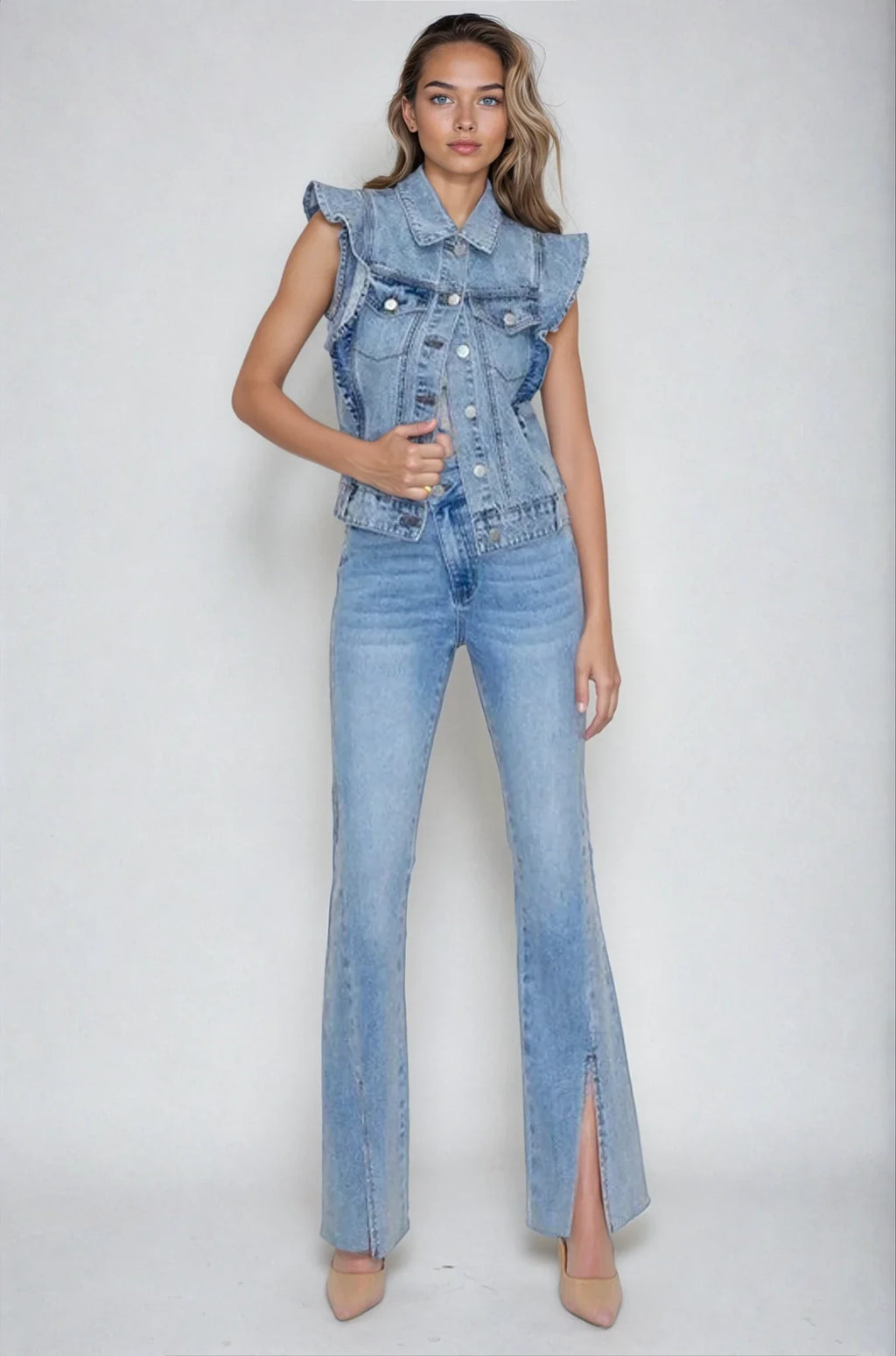 Gilet Veste en Jean Victorien à Volants – Pièce Maîtresse Sans Manches – Jean Clair