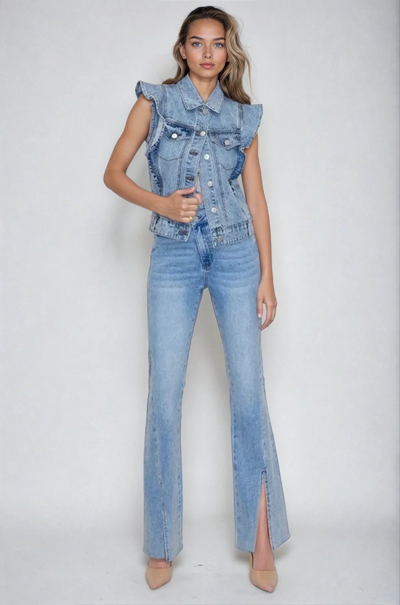 Gilet Veste en Jean Victorien à Volants – Pièce Maîtresse Sans Manches – Jean Clair