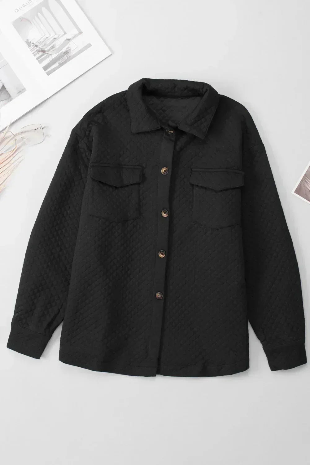 Veste chemise matelassée rétro texturée à losanges noirs – Femstylo