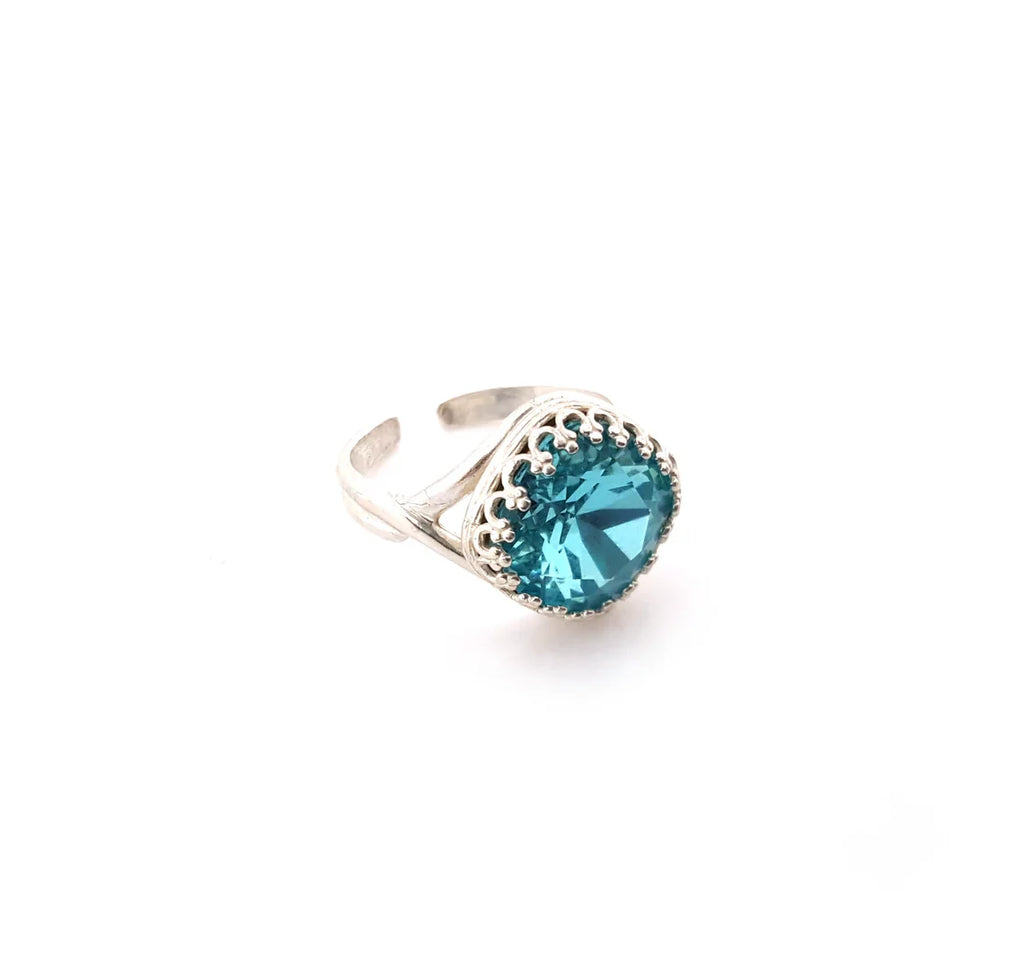 Bague réglable en argent sterling avec topaze bleue et cristaux Swarovski – Bague à déclaration de pierre de naissance de décembre