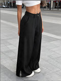 Pantalon large femme en satin soyeux – Pantalon taille haute à poches
