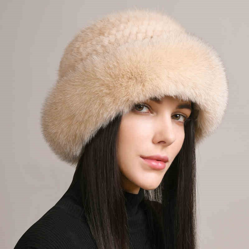 Bonnet d'hiver en fourrure de vison tressée chaude et élégante pour femme