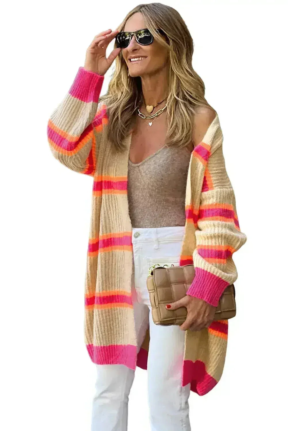 Gilet long en maille côtelée à rayures
