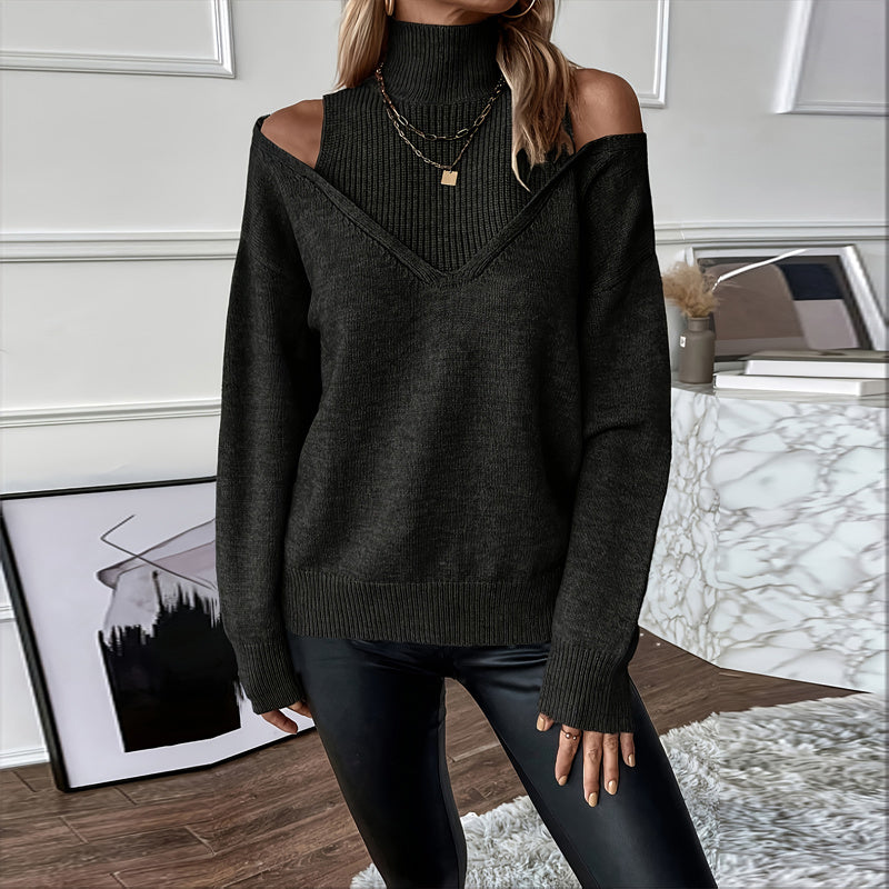 Chandail élégant pour femme, coupe asymétrique, col roulé — Haut en maille à manches longues