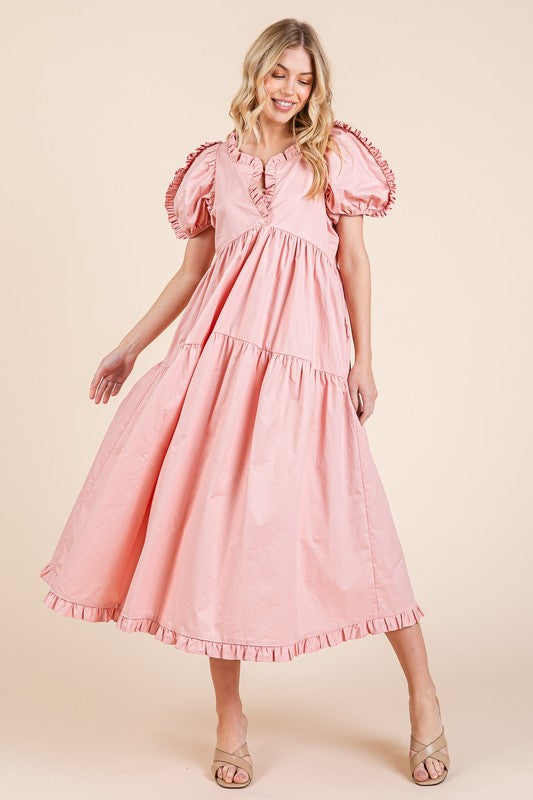 Robe mi-longue babydoll étagée à manches bouffantes et volants – Robe mi-longue babydoll légère, adorable, élégante, féminine et tendance avec volants et manches bouffantes