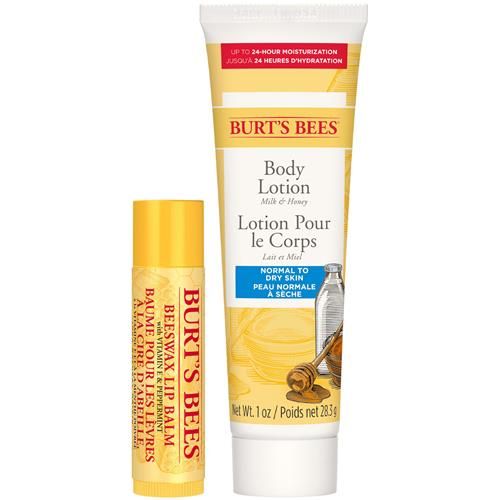 Coffret Cadeau de Noël Burt's Bees Hive Favorites Cire d'Abeille, Baume à Lèvres à la Cire d'Abeille et Lait Corporel Format Voyage au Lait et au Miel
