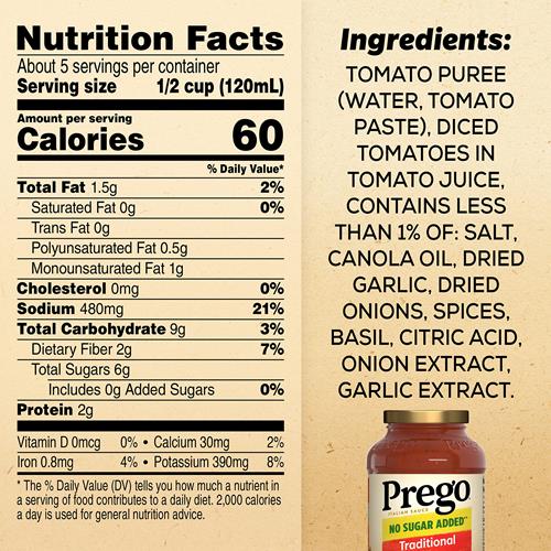Prego Traditional No Sugar Added Pasta Sauce, 23.5 Oz Jar
